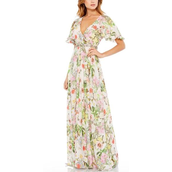 Mac Duggal Dresses & Skirts - MAC DUGGAL Floral Print Maxi Dress Gown 9079 Beaded Waist Flutter Sleeve Sz 4